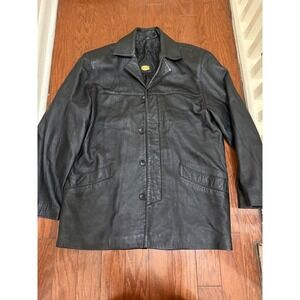 Mona Beograd Womens Black Leather Car Coat Mid Length Button Front Jacket Sz 13
